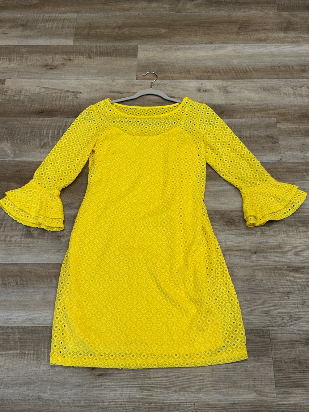 Sandra Darren Yellow Eyelet Stretch Lace Shift Dress with Ruffle Bell Sleeves